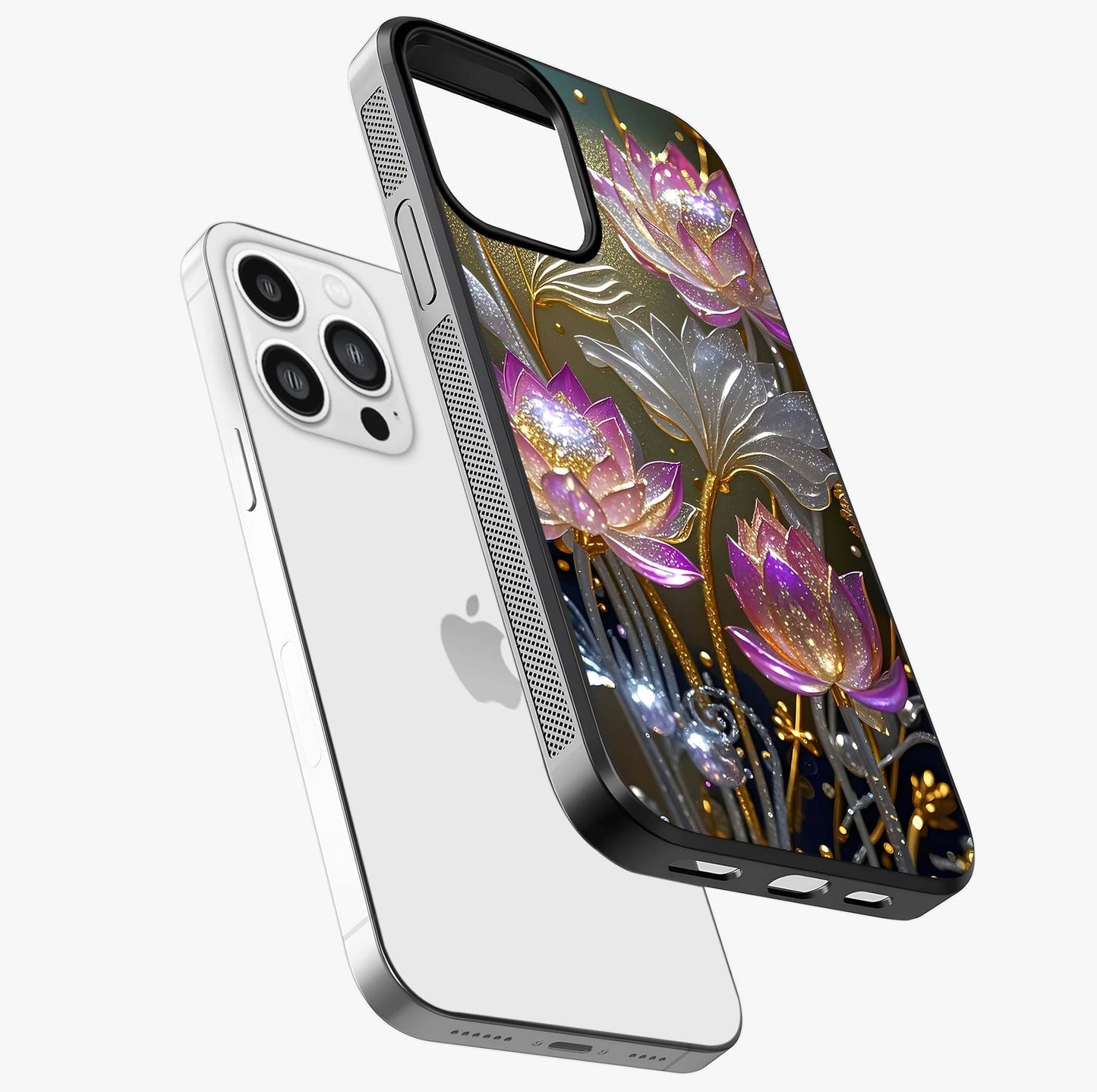 Golden Lotus Glow Glass Case laid diagonally highlighting side profile, edges and glossy glass shine.