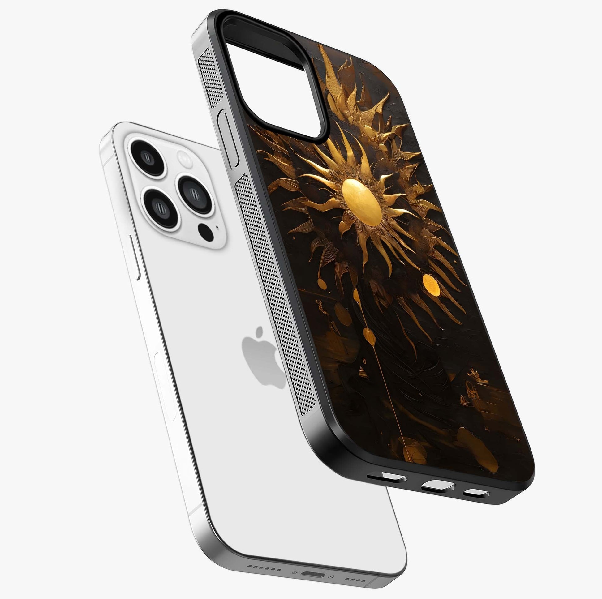 Golden Sun Majesty Glass Case laid diagonally highlighting side profile, edges and glossy glass shine.