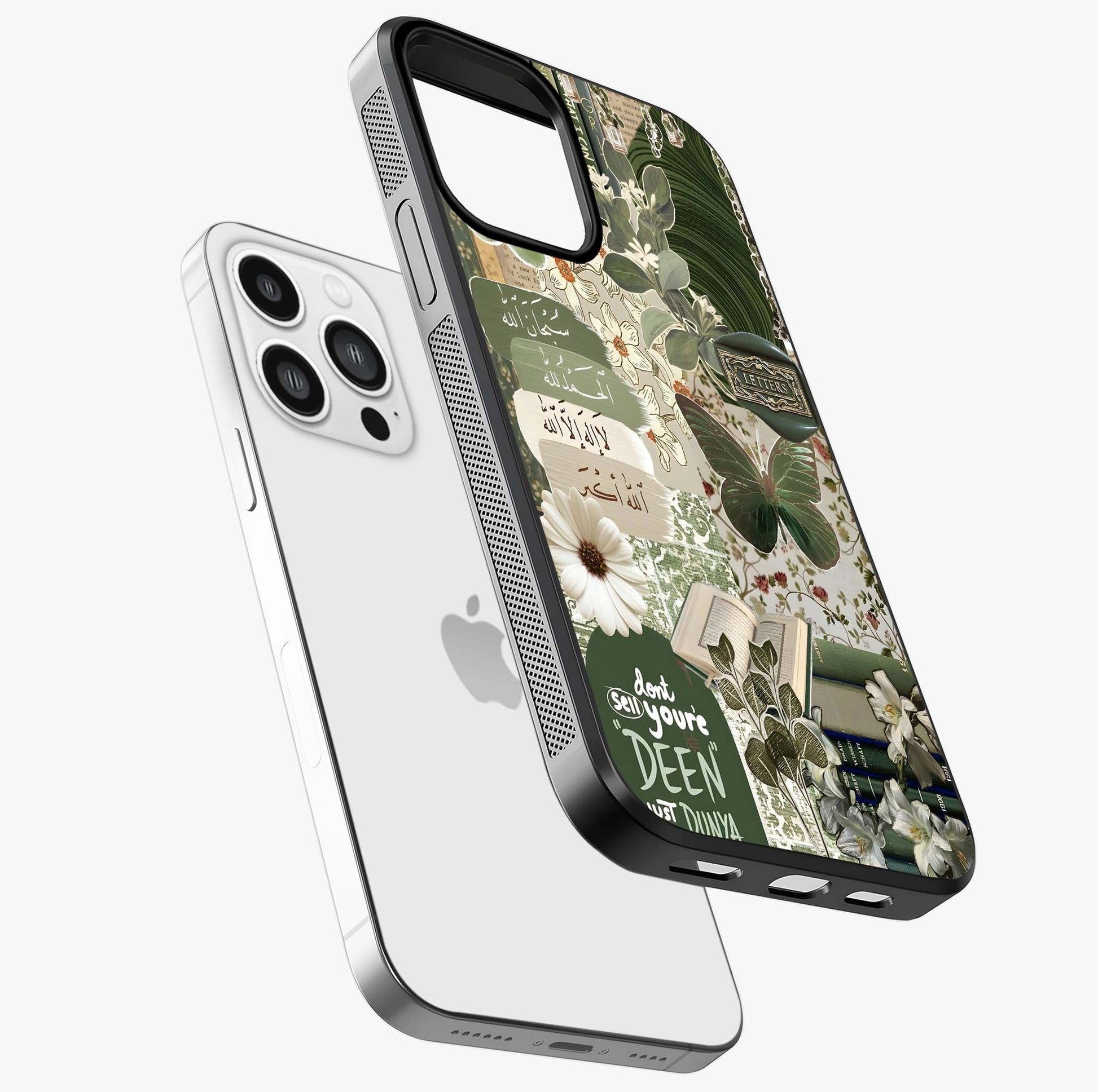 Green Islamic Books Quotes Glass Case laid diagonally highlighting side profile, edges and glossy glass shine.