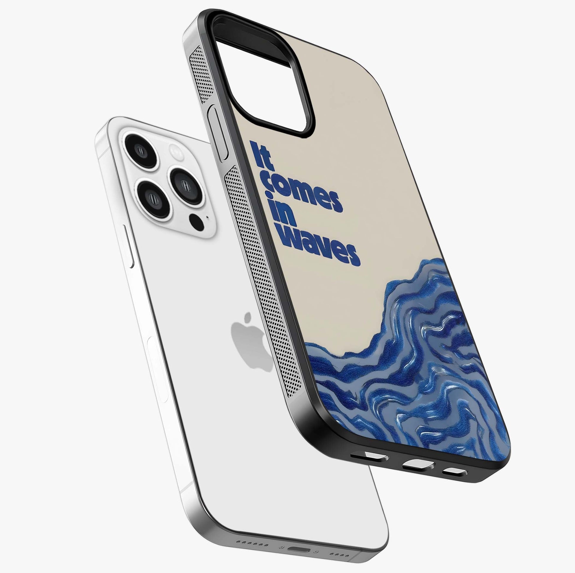 It Comes In Waves Quote Glass Case laid diagonally highlighting side profile, edges and glossy glass shine.