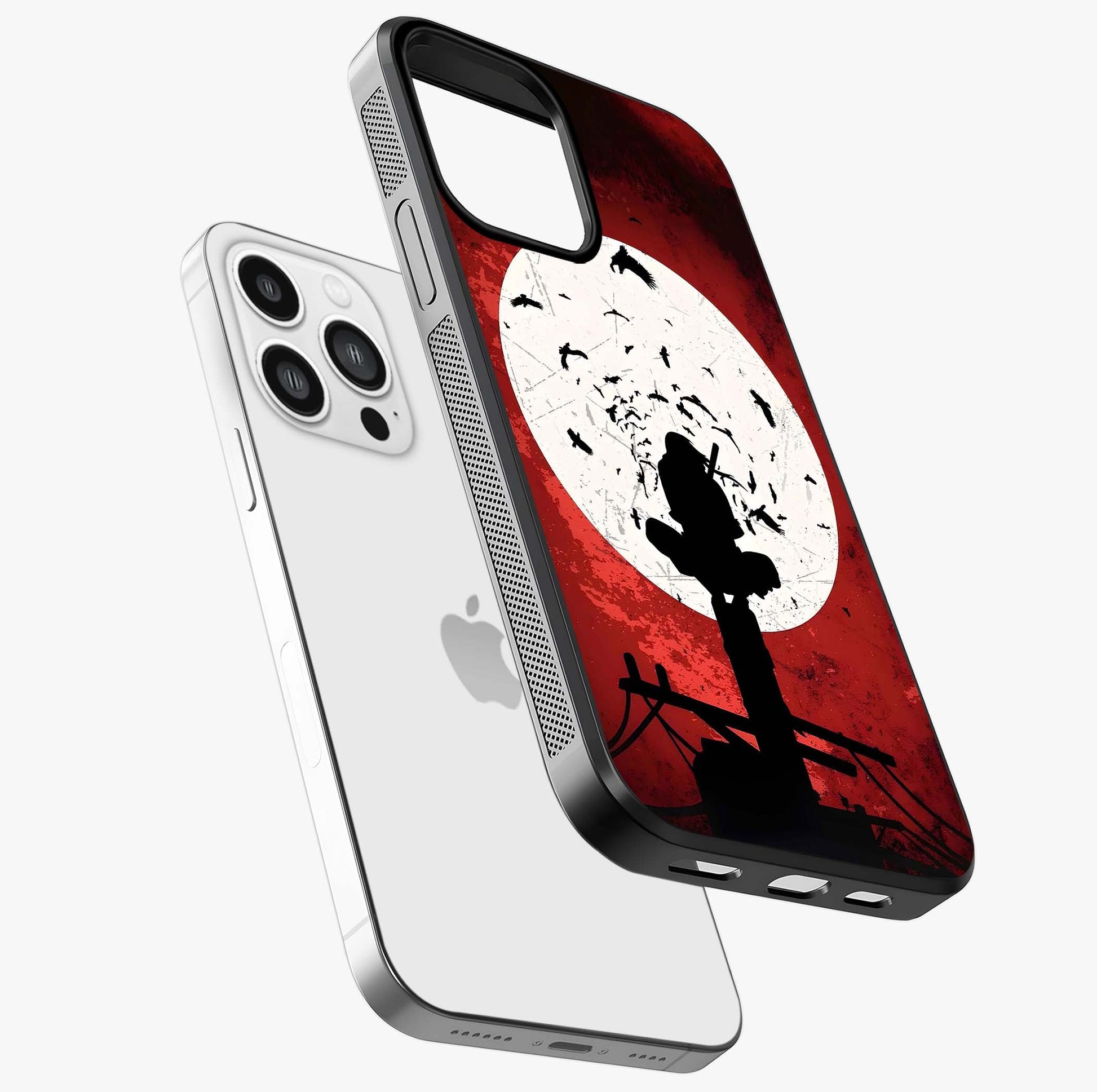 Itachi Limited Edition Naruto Anime Glass Case laid diagonally highlighting side profile, edges and glossy glass shine.