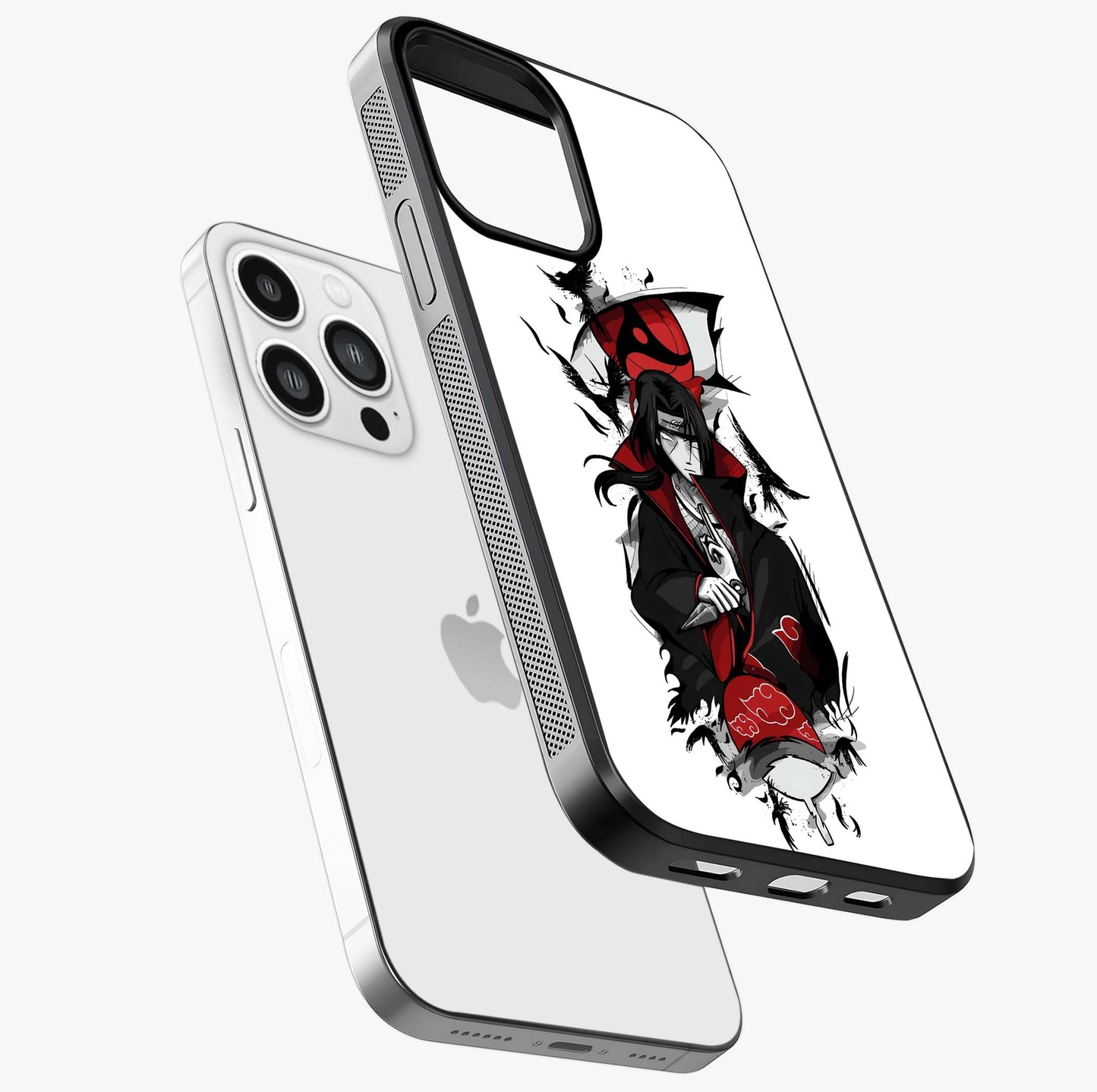 Itachi Sharingan Glass Case laid diagonally highlighting side profile, edges and glossy glass shine.