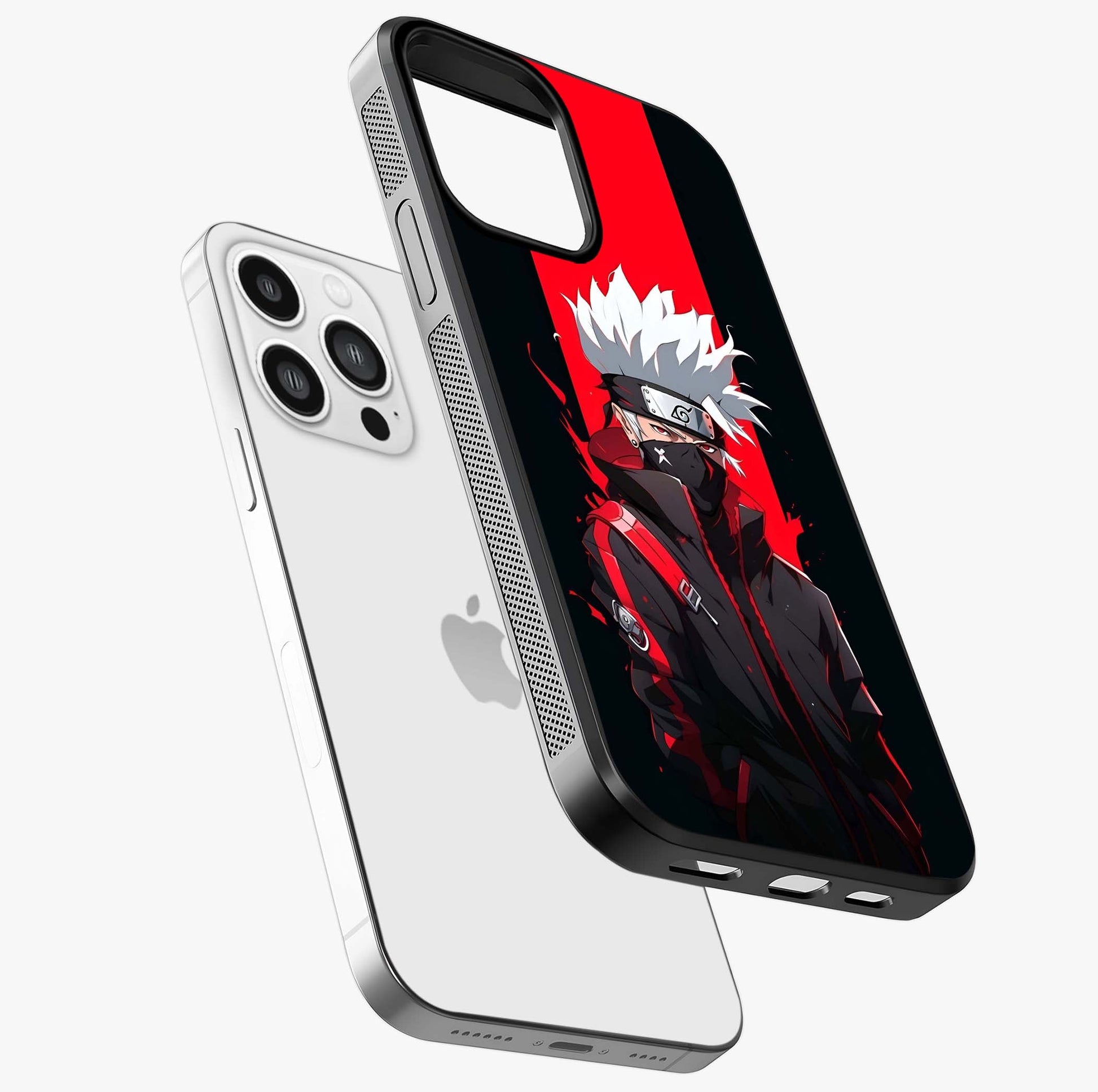 Kakashi Scarlet Shadow Glass Case laid diagonally highlighting side profile, edges and glossy glass shine.