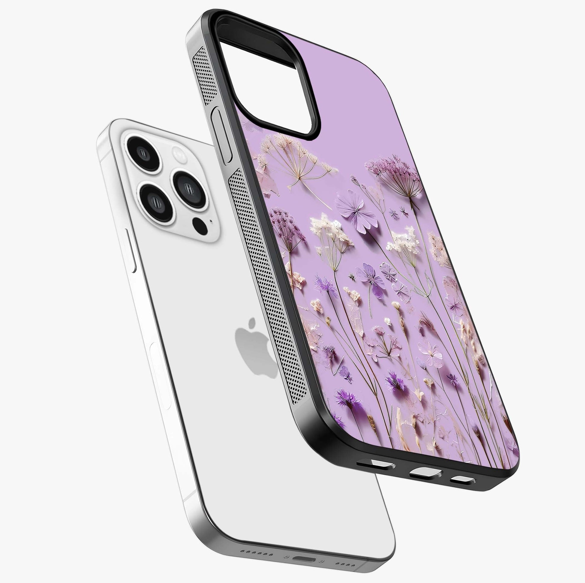 Lavender Blossom Dream Glass Case laid diagonally highlighting side profile, edges and glossy glass shine.
