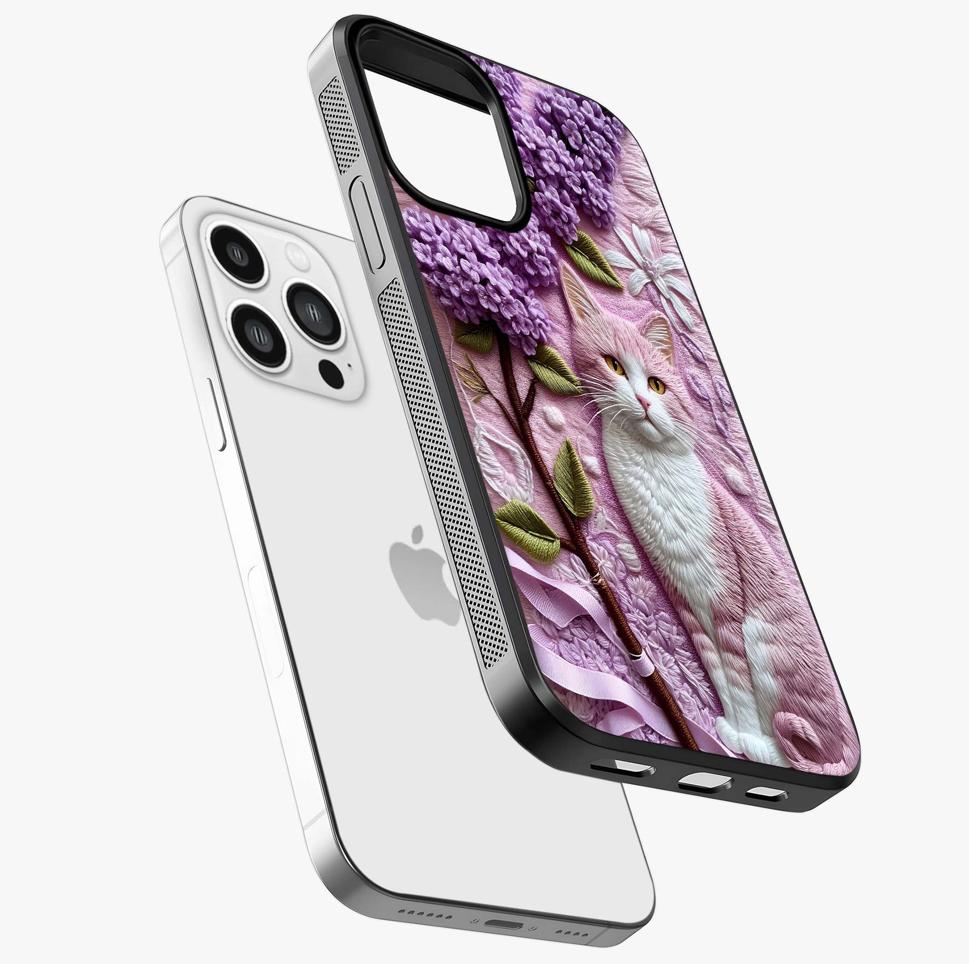 Lavender Cat Whimsy Glass Case laid diagonally highlighting side profile, edges and glossy glass shine.