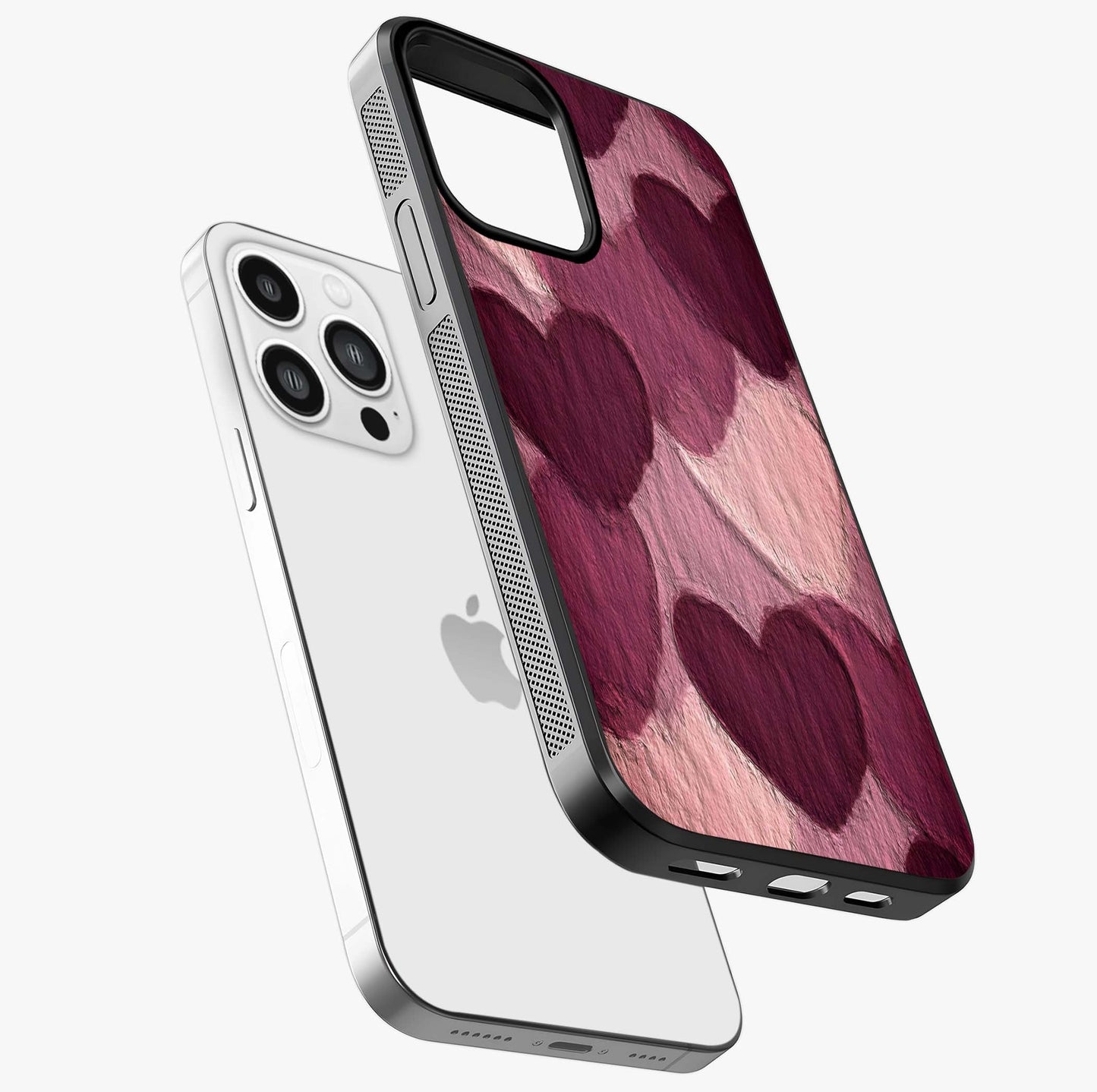 Layered Paper Hearts Glass Case laid diagonally highlighting side profile, edges and glossy glass shine.