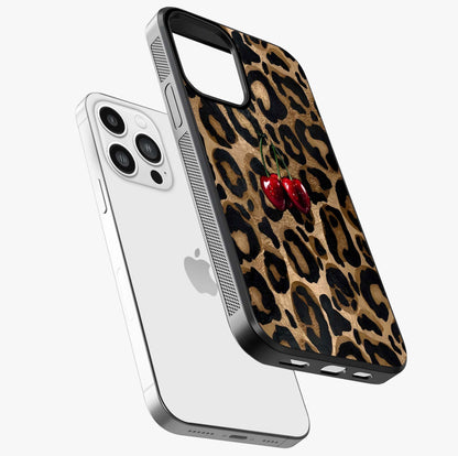Leopard Wild Cherry Glass Case laid diagonally highlighting side profile, edges and glossy glass shine.