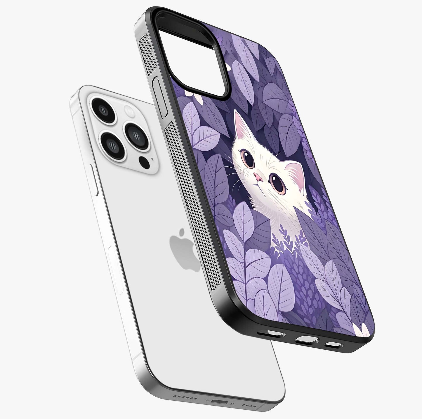 Lilac Hide Peek Cat Glass Case laid diagonally highlighting side profile, edges and glossy glass shine.
