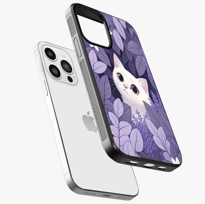 Lilac Hide Peek Cat Glass Case laid diagonally highlighting side profile, edges and glossy glass shine.