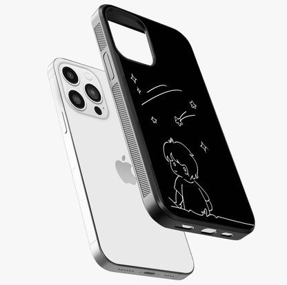 Line Art Boy With Shooting Stars Glass Case laid diagonally highlighting side profile, edges and glossy glass shine.