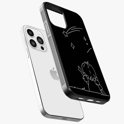 Line Art Girl With Shooting Stars Glass Case laid diagonally highlighting side profile, edges and glossy glass shine.