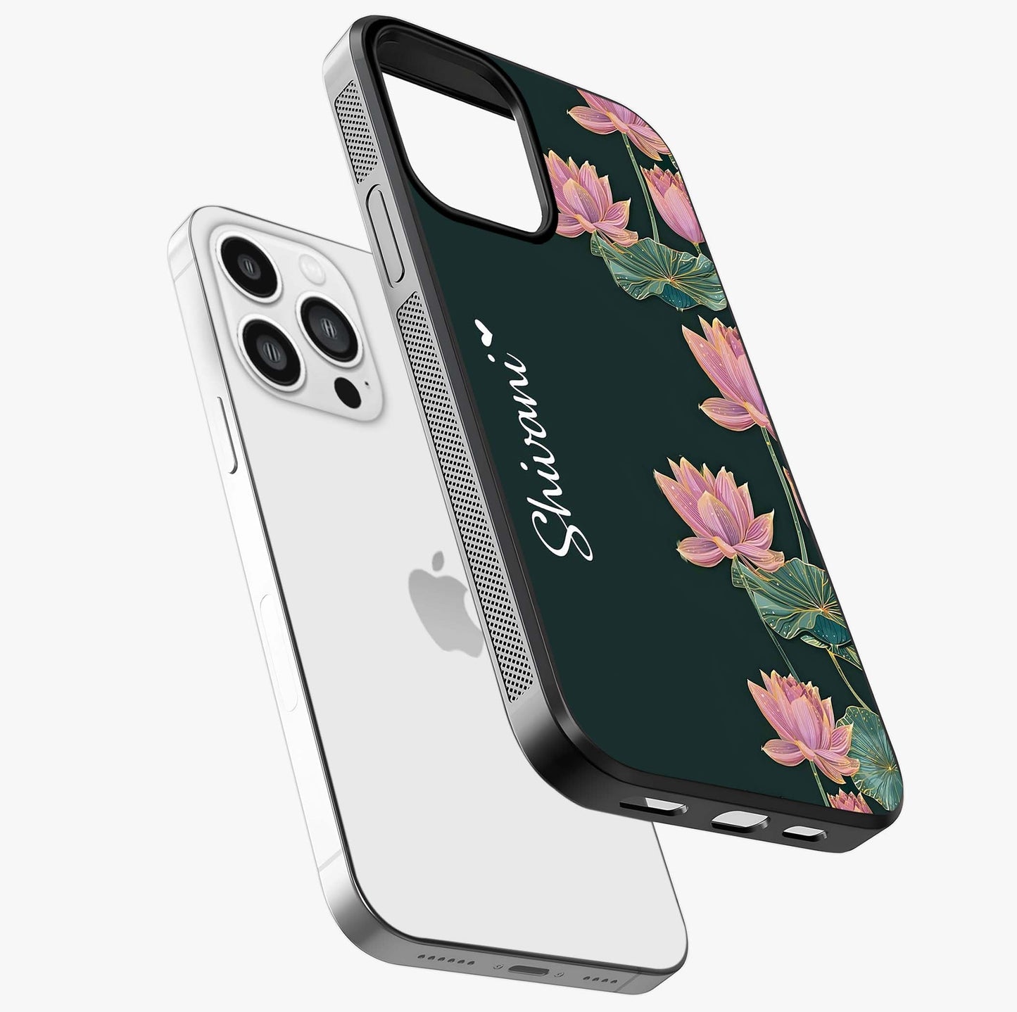 Lotus Bloom Serenity Custom Name Glass Case laid diagonally highlighting side profile, edges and glossy glass shine.