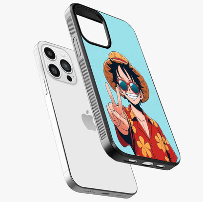 Luffy Summer Anime Vibe Glass Case laid diagonally highlighting side profile, edges and glossy glass shine.