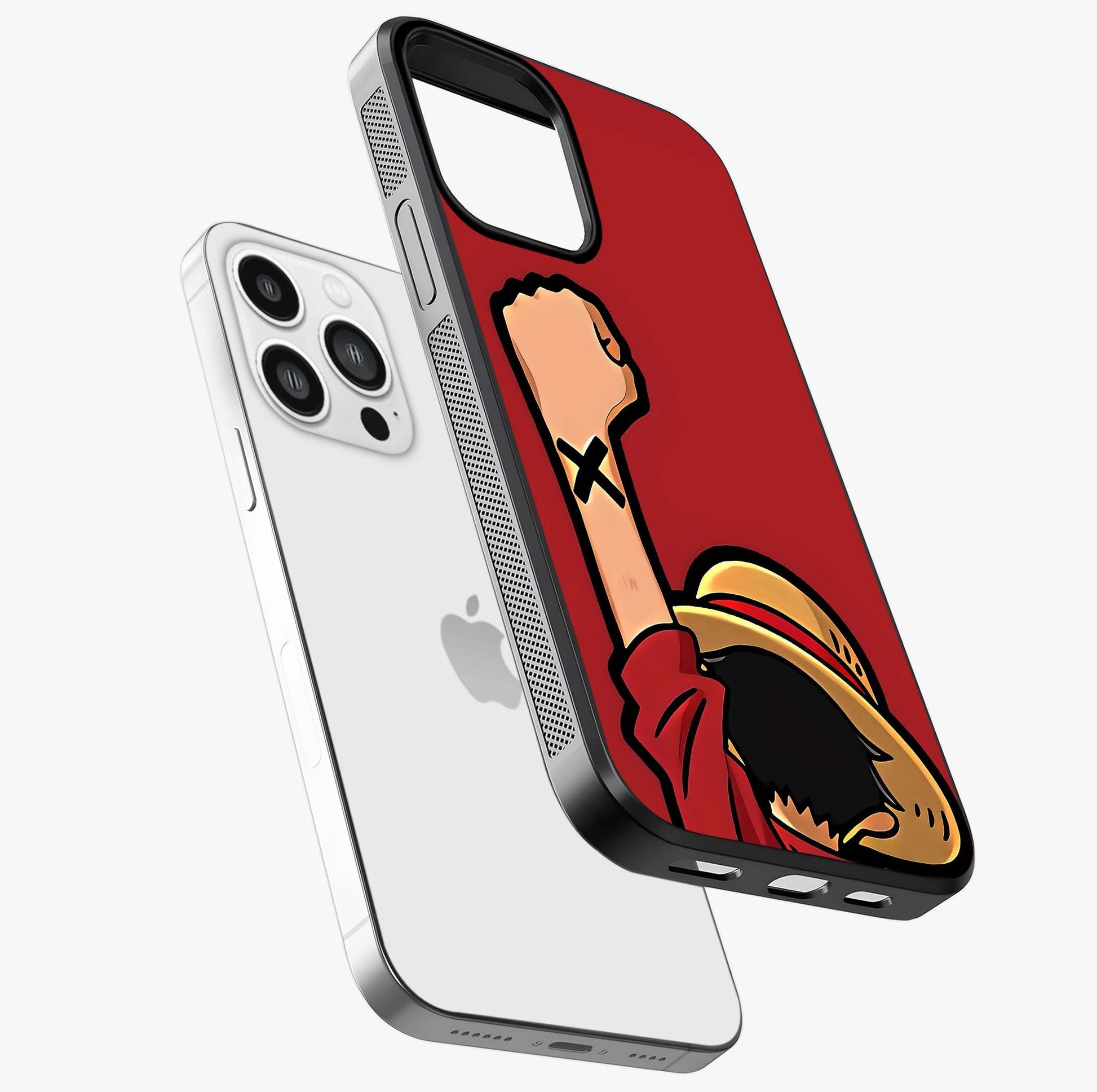 Luffy X Spirit Glass Case laid diagonally highlighting side profile, edges and glossy glass shine.