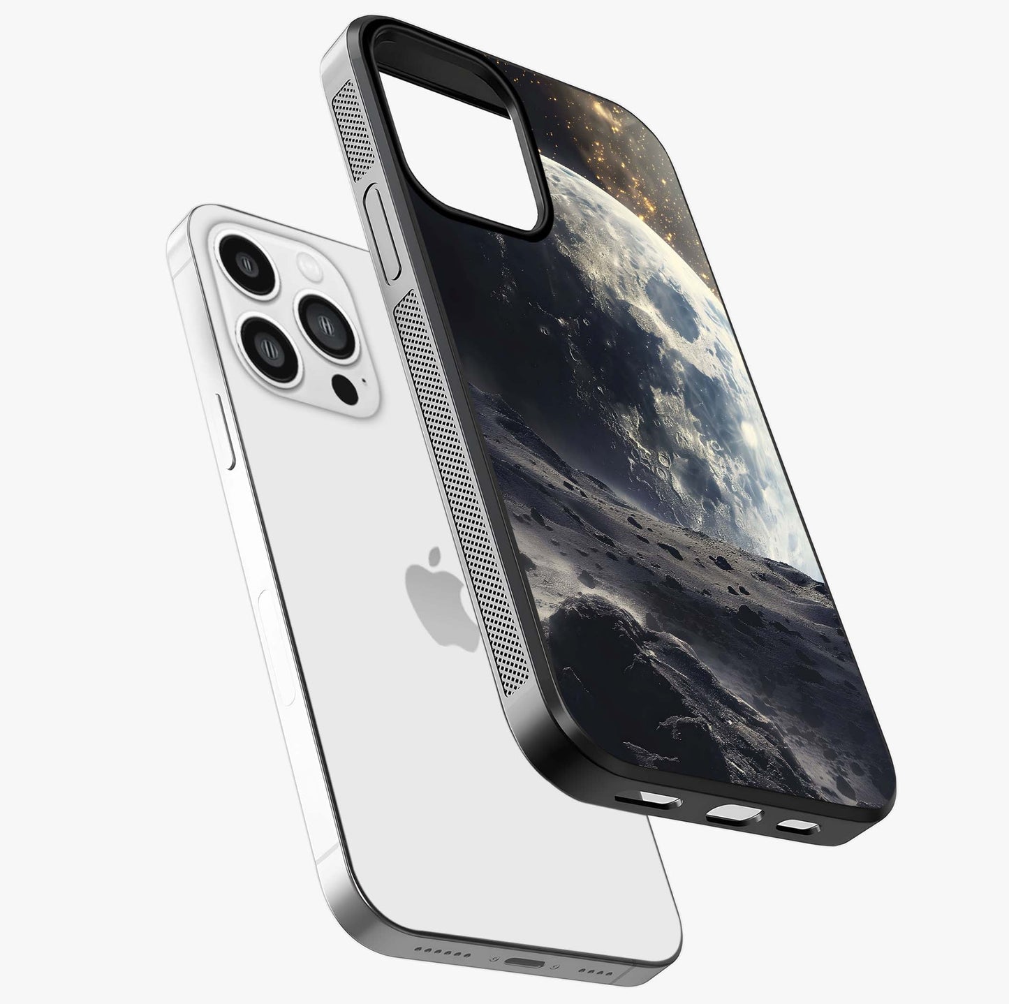 Lunar Horizon Glow Glass Case laid diagonally highlighting side profile, edges and glossy glass shine.