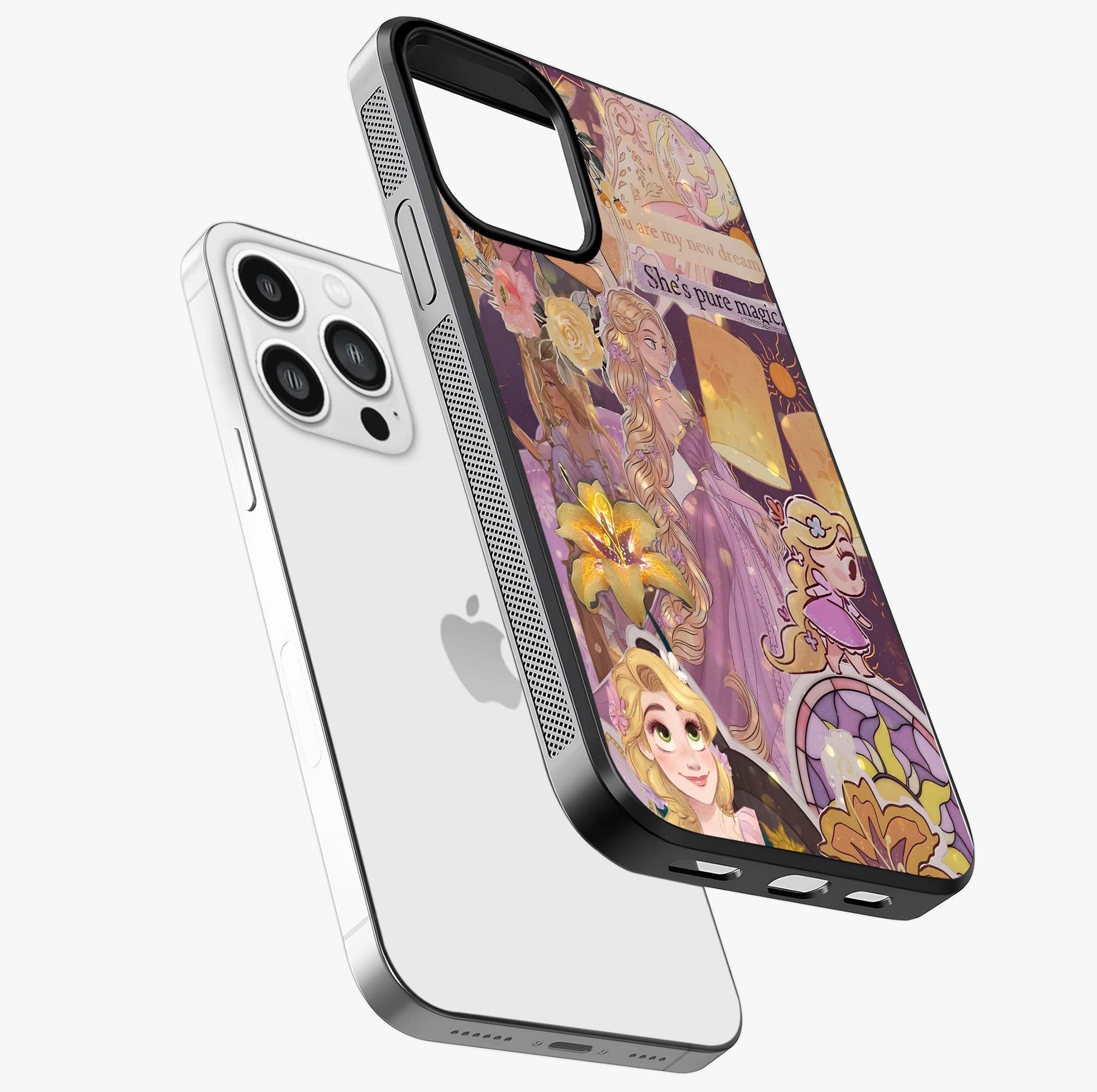 Magical Tangled Dream Glass Case laid diagonally highlighting side profile, edges and glossy glass shine.
