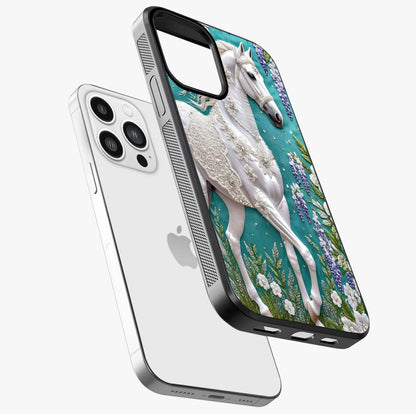 Majestic Floral Stallion Glass Case laid diagonally highlighting side profile, edges and glossy glass shine.