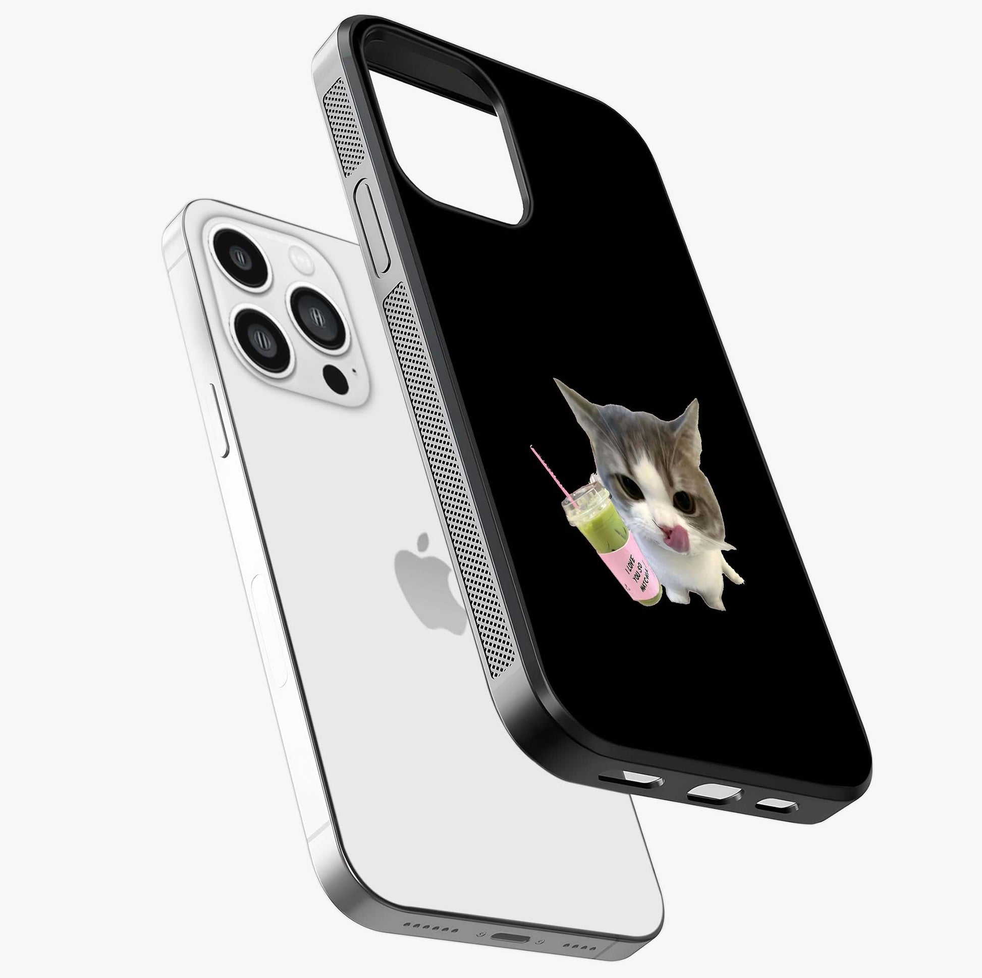 Matcha Cat Style Glass Case laid diagonally highlighting side profile, edges and glossy glass shine.