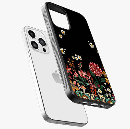 Midnight Bloom Pattern Glass Case laid diagonally highlighting side profile, edges and glossy glass shine.