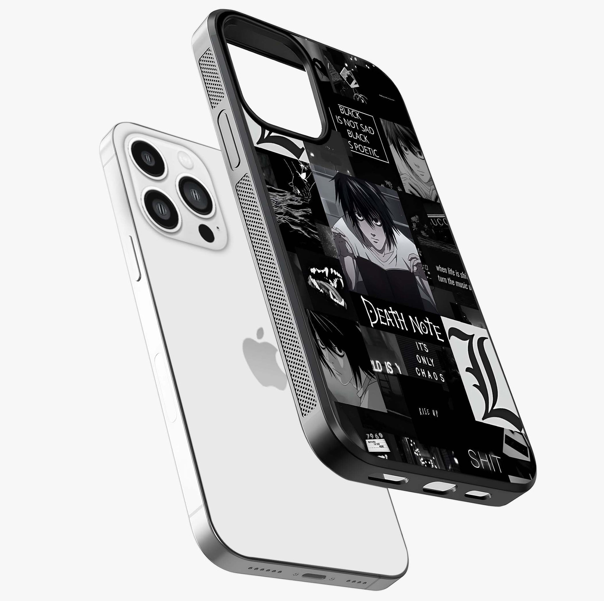 Midnight Chaos Mind Glass Case laid diagonally highlighting side profile, edges and glossy glass shine.