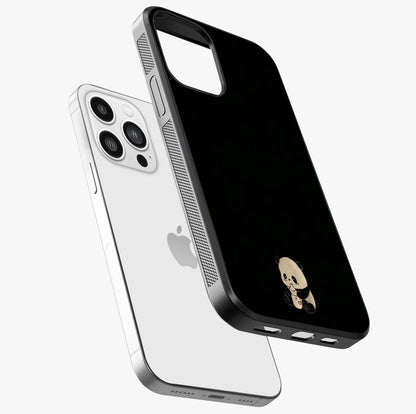 Midnight Panda Love Glass Case laid diagonally highlighting side profile, edges and glossy glass shine.