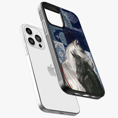 Midnight Stallion Blues Glass Case laid diagonally highlighting side profile, edges and glossy glass shine.