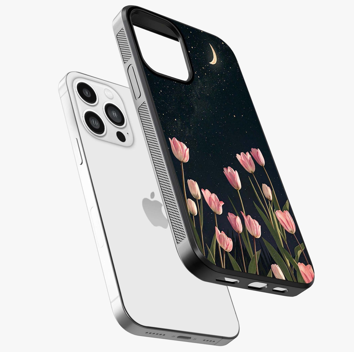 Midnight Tulip Whispers Vibe Glass Case laid diagonally highlighting side profile, edges and glossy glass shine.