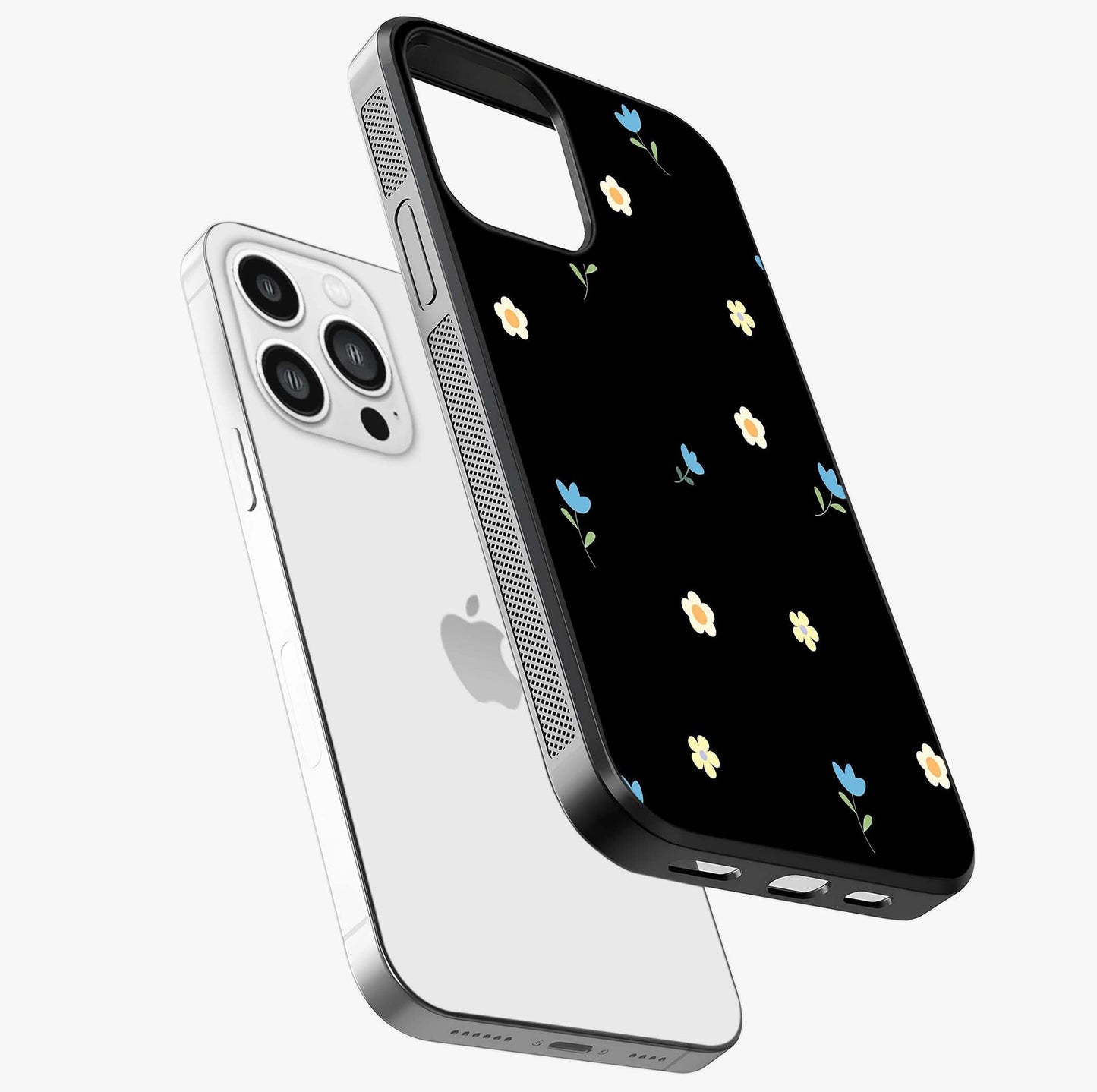 Minimalistic Blue With White Flower Pattern Glass Case laid diagonally highlighting side profile, edges and glossy glass shine.
