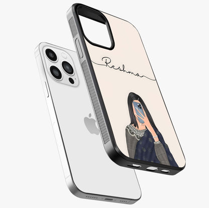 Mirror Mood Muse With Custom Name Glass Case laid diagonally highlighting side profile, edges and glossy glass shine.