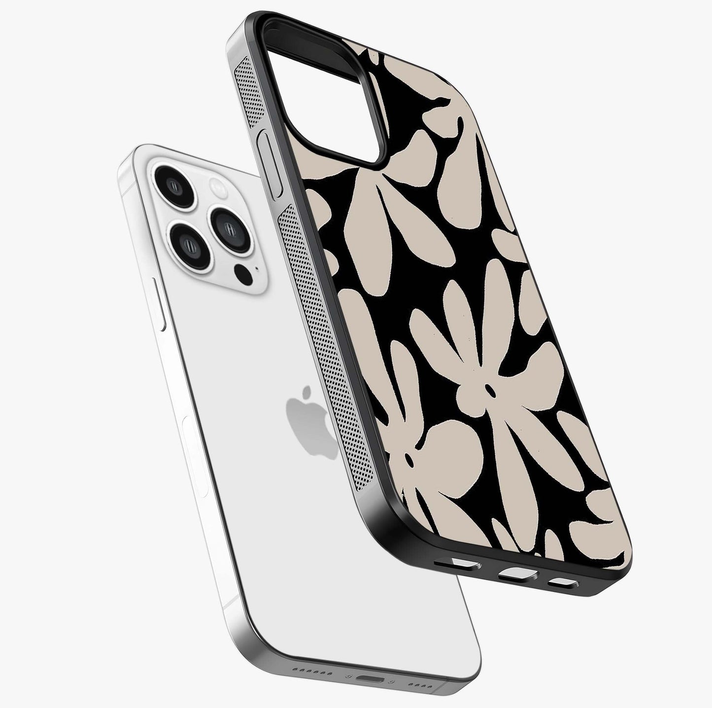 Monochrome Petal Dance Glass Case laid diagonally highlighting side profile, edges and glossy glass shine.