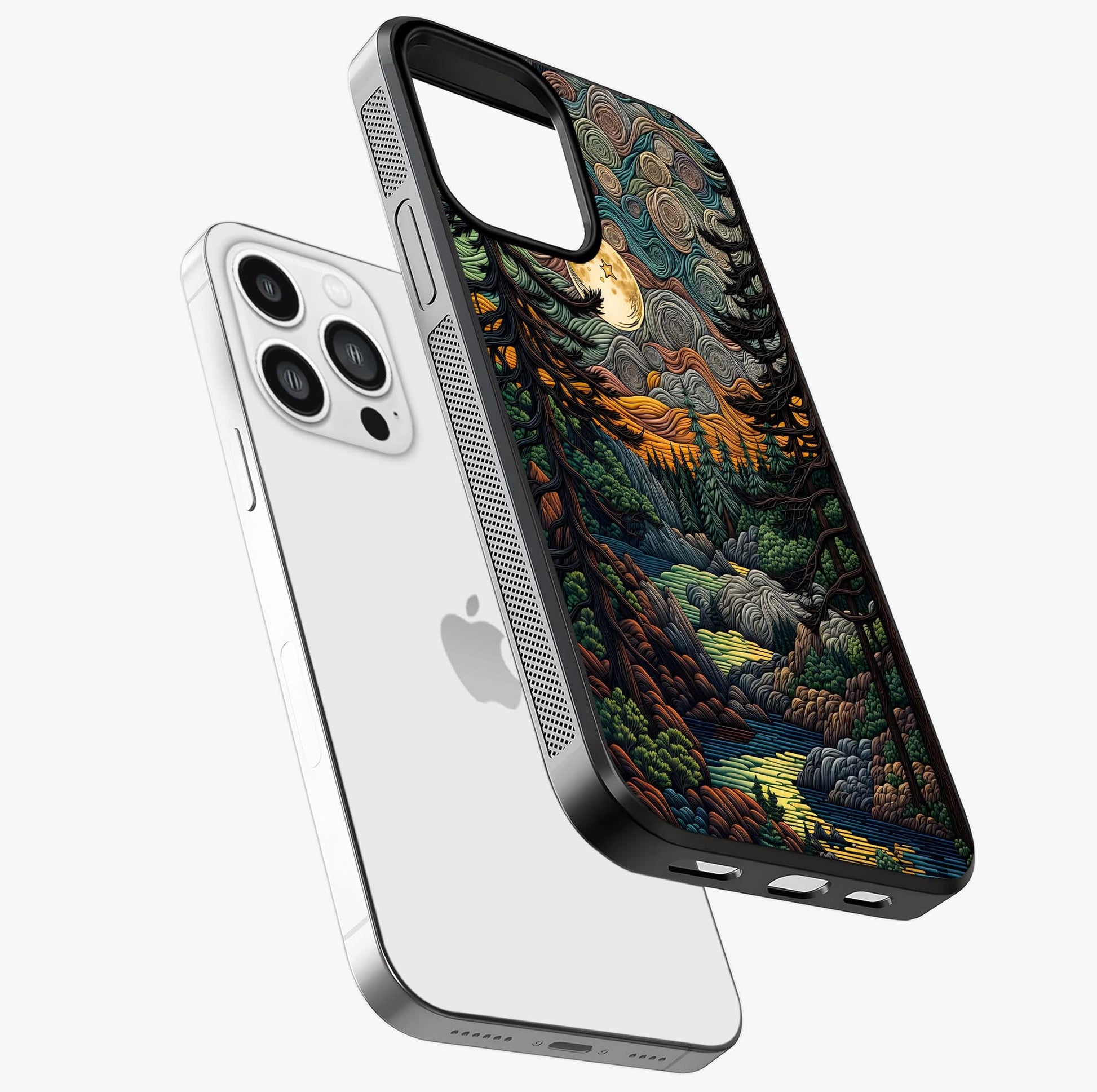 Moonlight Forest Dream Glass Case laid diagonally highlighting side profile, edges and glossy glass shine.