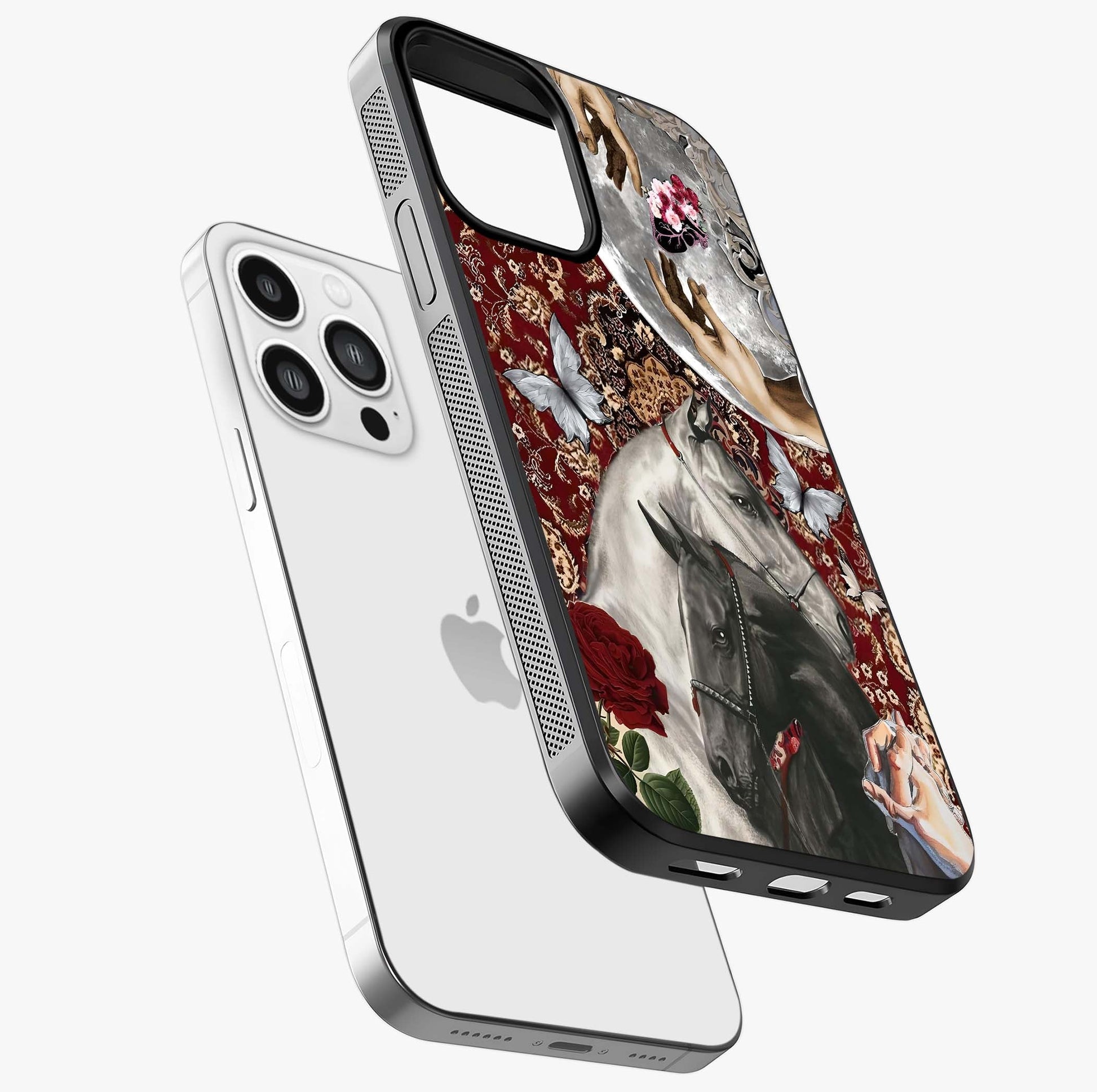 Moonlit Royal Stallion Glass Case laid diagonally highlighting side profile, edges and glossy glass shine.