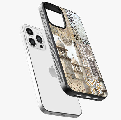 Mughal Marble Legacy Glass Case laid diagonally highlighting side profile, edges and glossy glass shine.