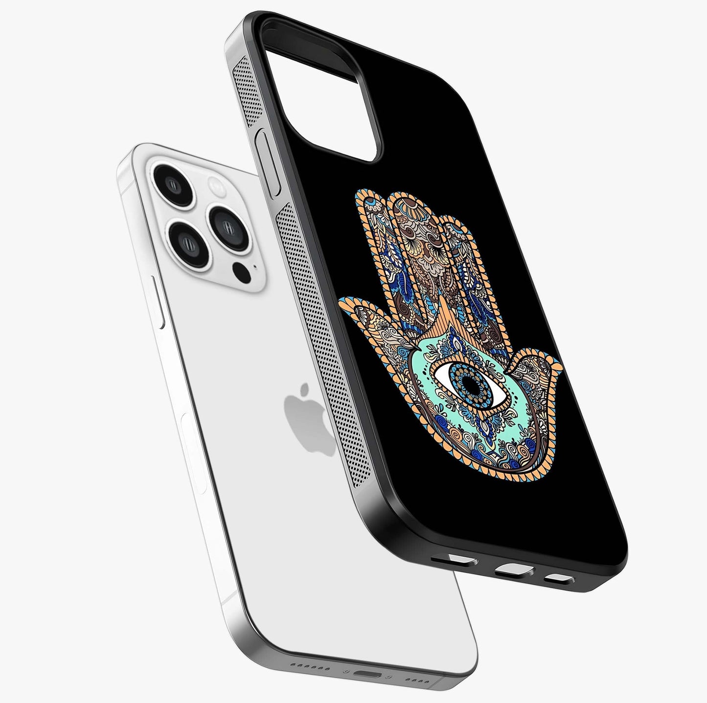 Mystic Hamsa Eye Glass Case laid diagonally highlighting side profile, edges and glossy glass shine.
