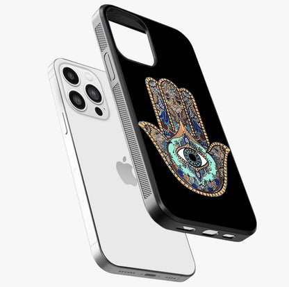 Mystic Hamsa Eye Glass Case laid diagonally highlighting side profile, edges and glossy glass shine.