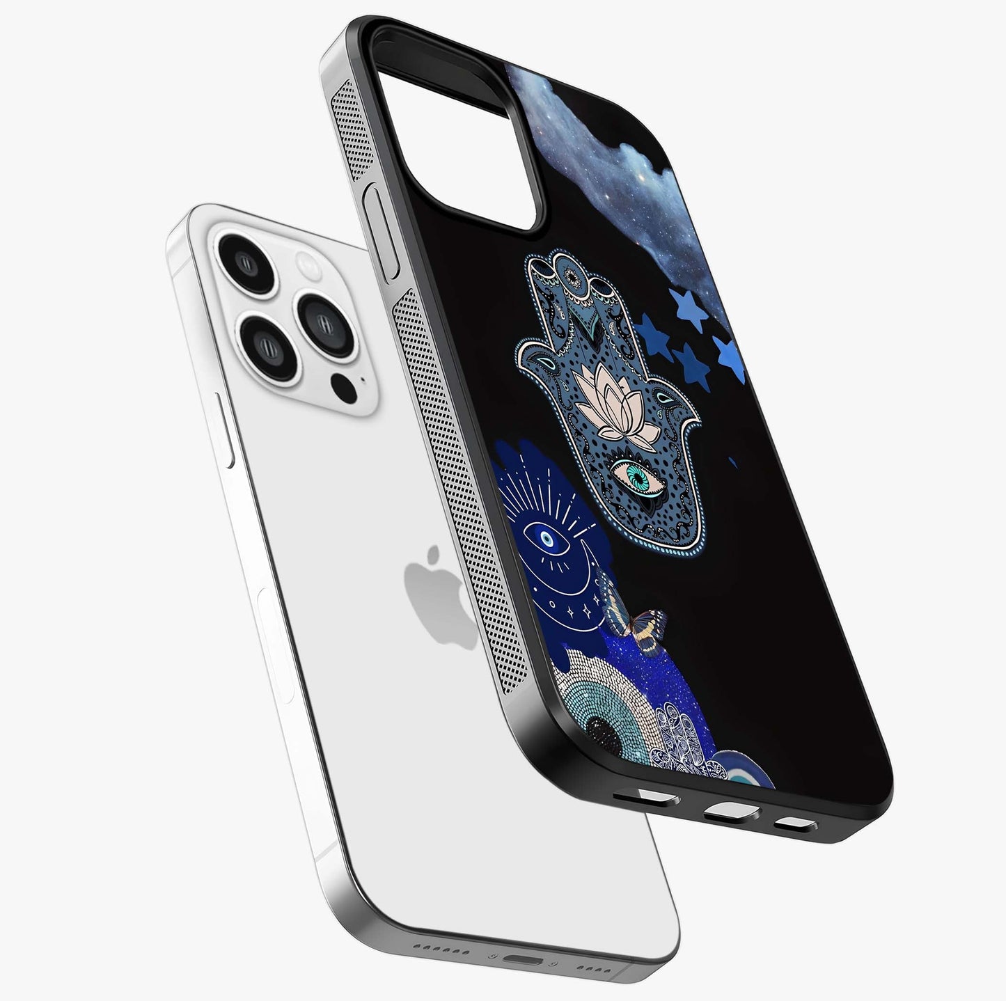 Mystic Hand Aura Glass Case laid diagonally highlighting side profile, edges and glossy glass shine.