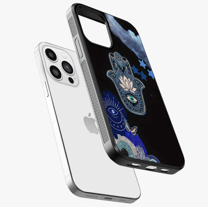 Mystic Hand Aura Glass Case laid diagonally highlighting side profile, edges and glossy glass shine.