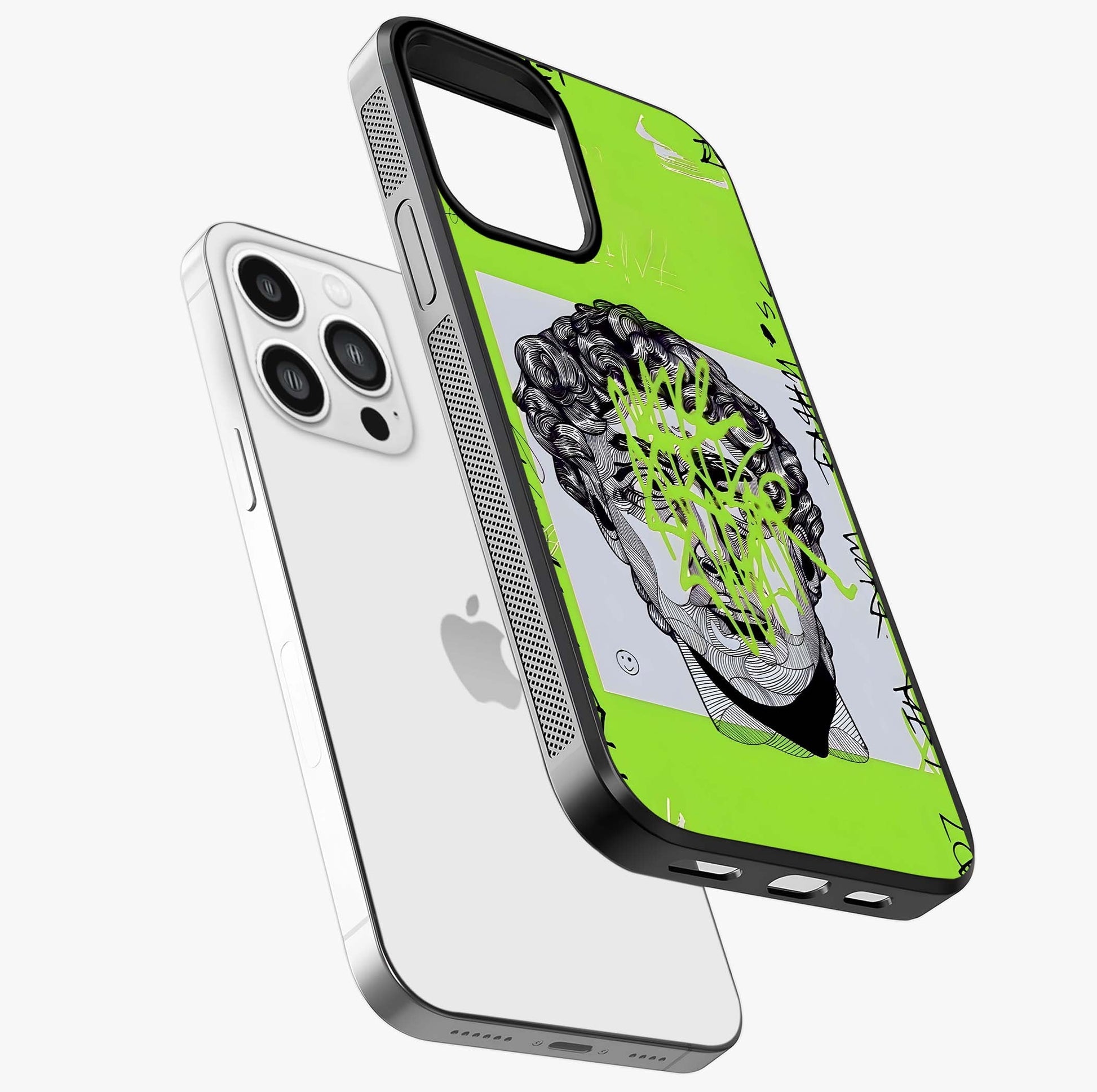 Neo Graffiti Rebellion Glass Case laid diagonally highlighting side profile, edges and glossy glass shine.