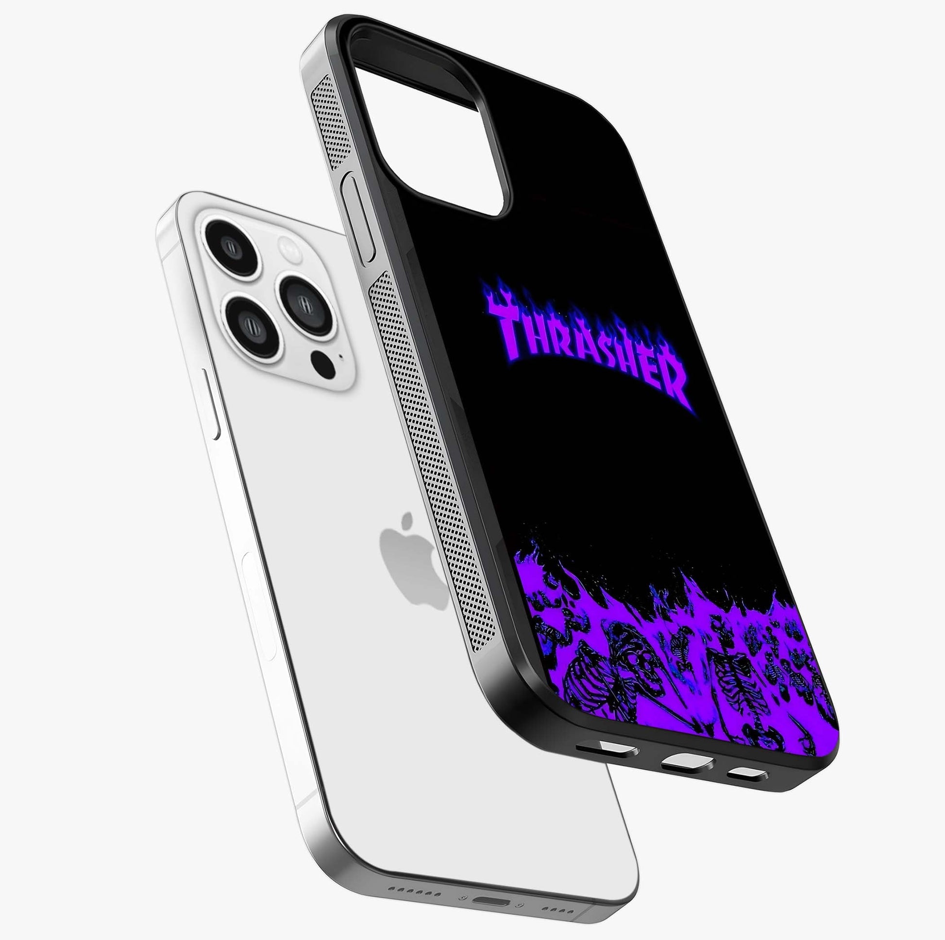 Neon Flame Riot Glass Case laid diagonally highlighting side profile, edges and glossy glass shine.