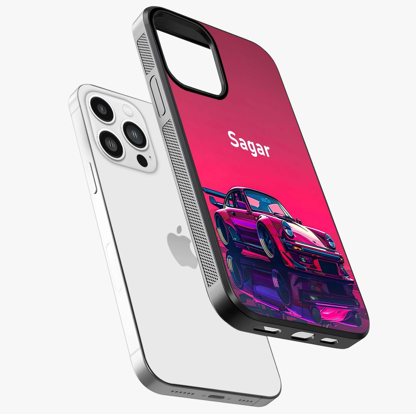 Neon Pink Porsche Glass Case laid diagonally highlighting side profile, edges and glossy glass shine.