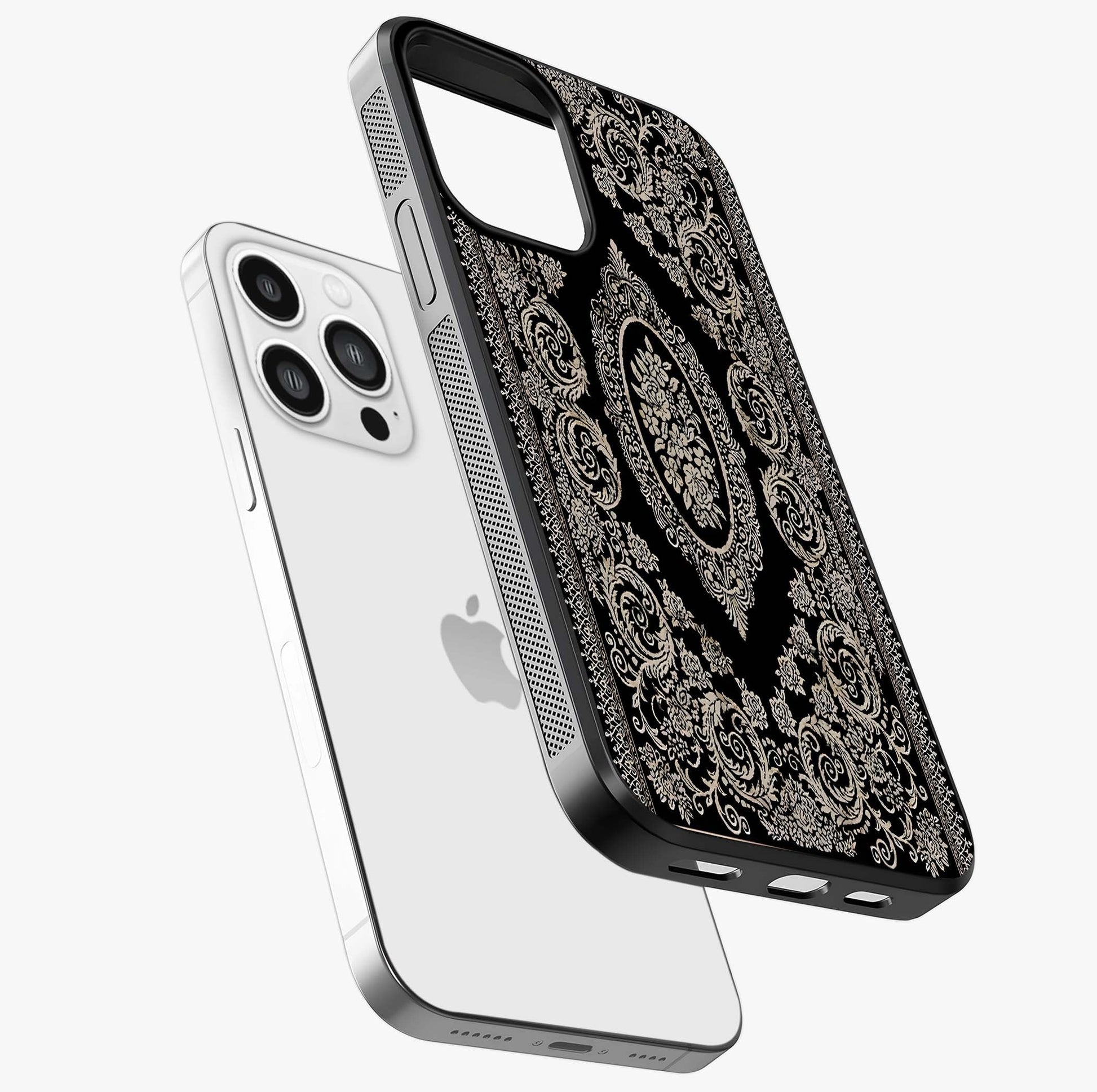 Noir Bloom Elegance Glass Case laid diagonally highlighting side profile, edges and glossy glass shine.