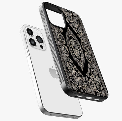 Noir Bloom Elegance Glass Case laid diagonally highlighting side profile, edges and glossy glass shine.