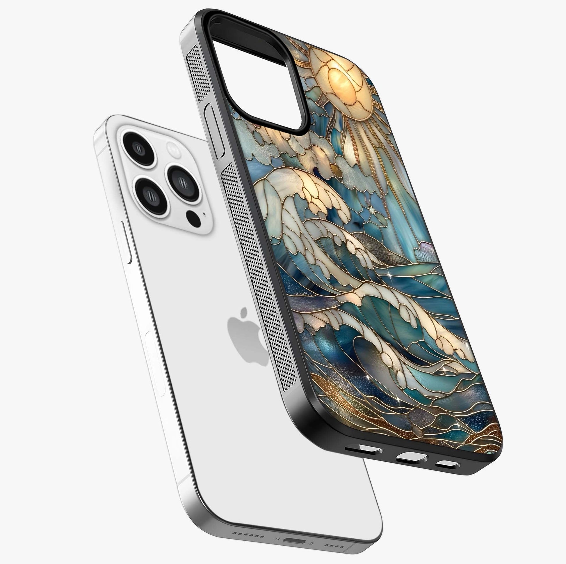 Oceanic Stained Printed Glass Case laid diagonally highlighting side profile, edges and glossy glass shine.