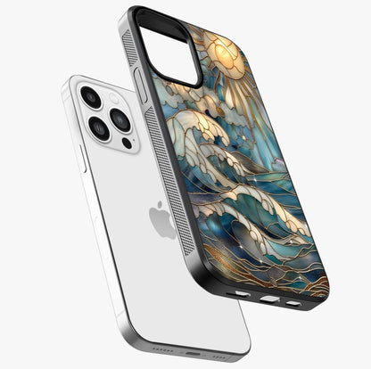 Oceanic Stained Printed Glass Case laid diagonally highlighting side profile, edges and glossy glass shine.