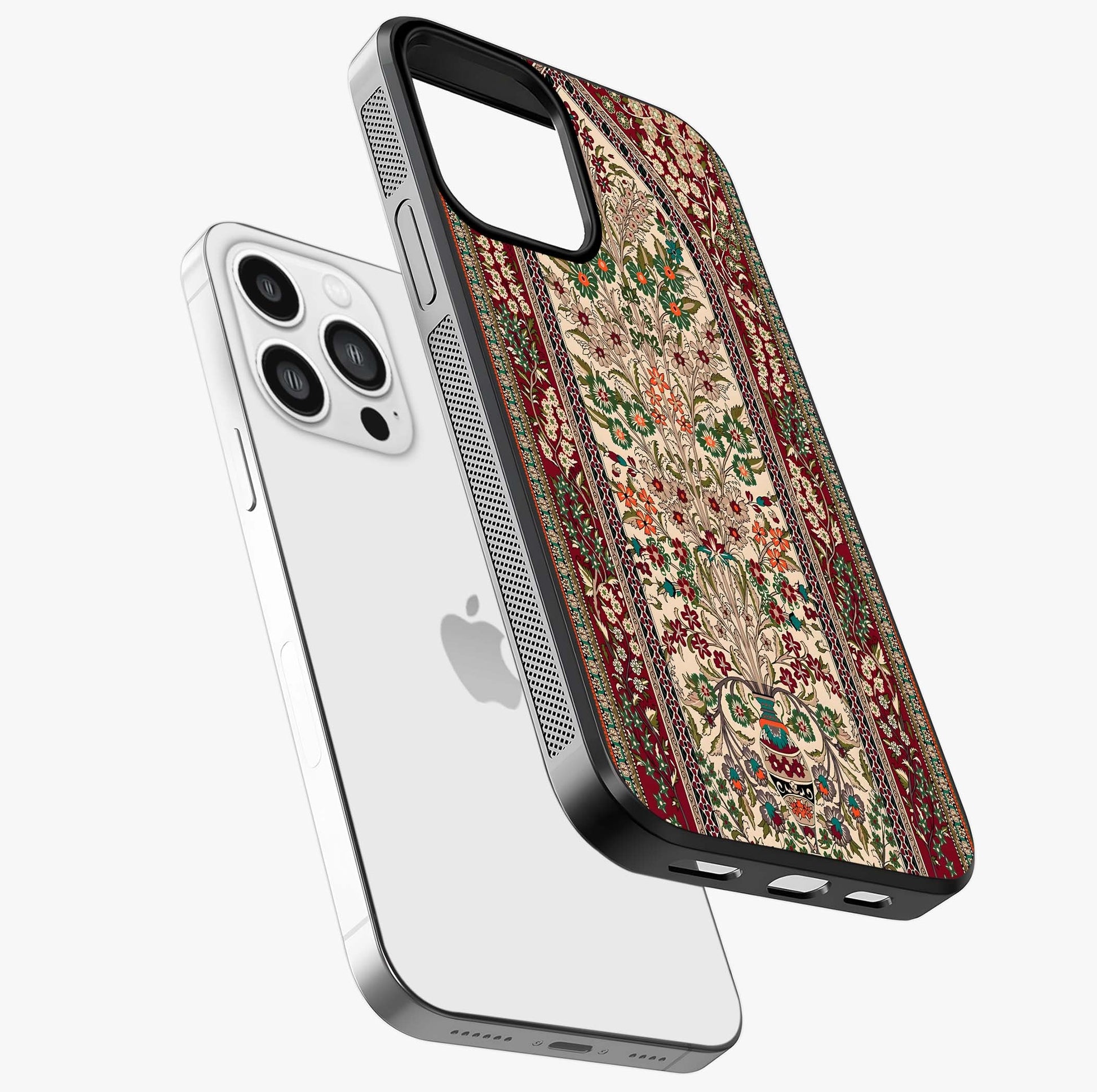Persian Inspired Glass Case laid diagonally highlighting side profile, edges and glossy glass shine.