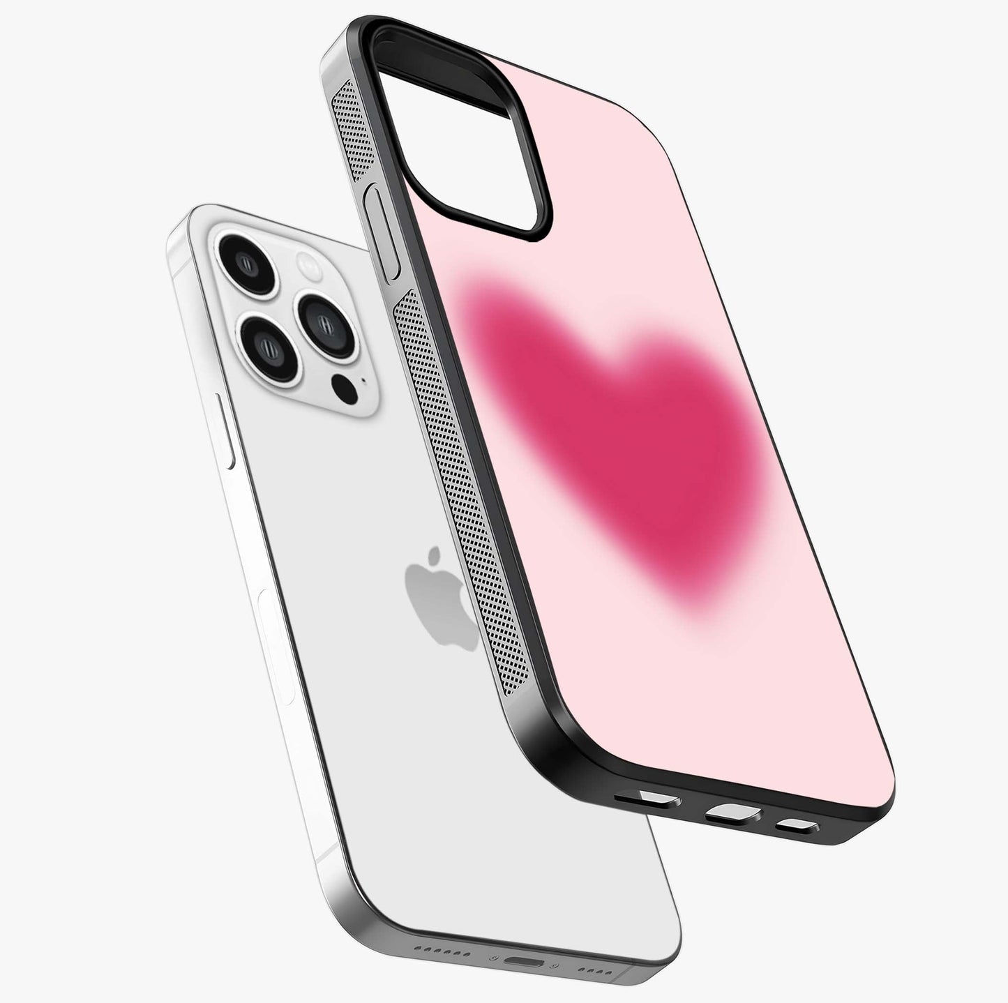 Pink Aura Heart Glass Case laid diagonally highlighting side profile, edges and glossy glass shine.