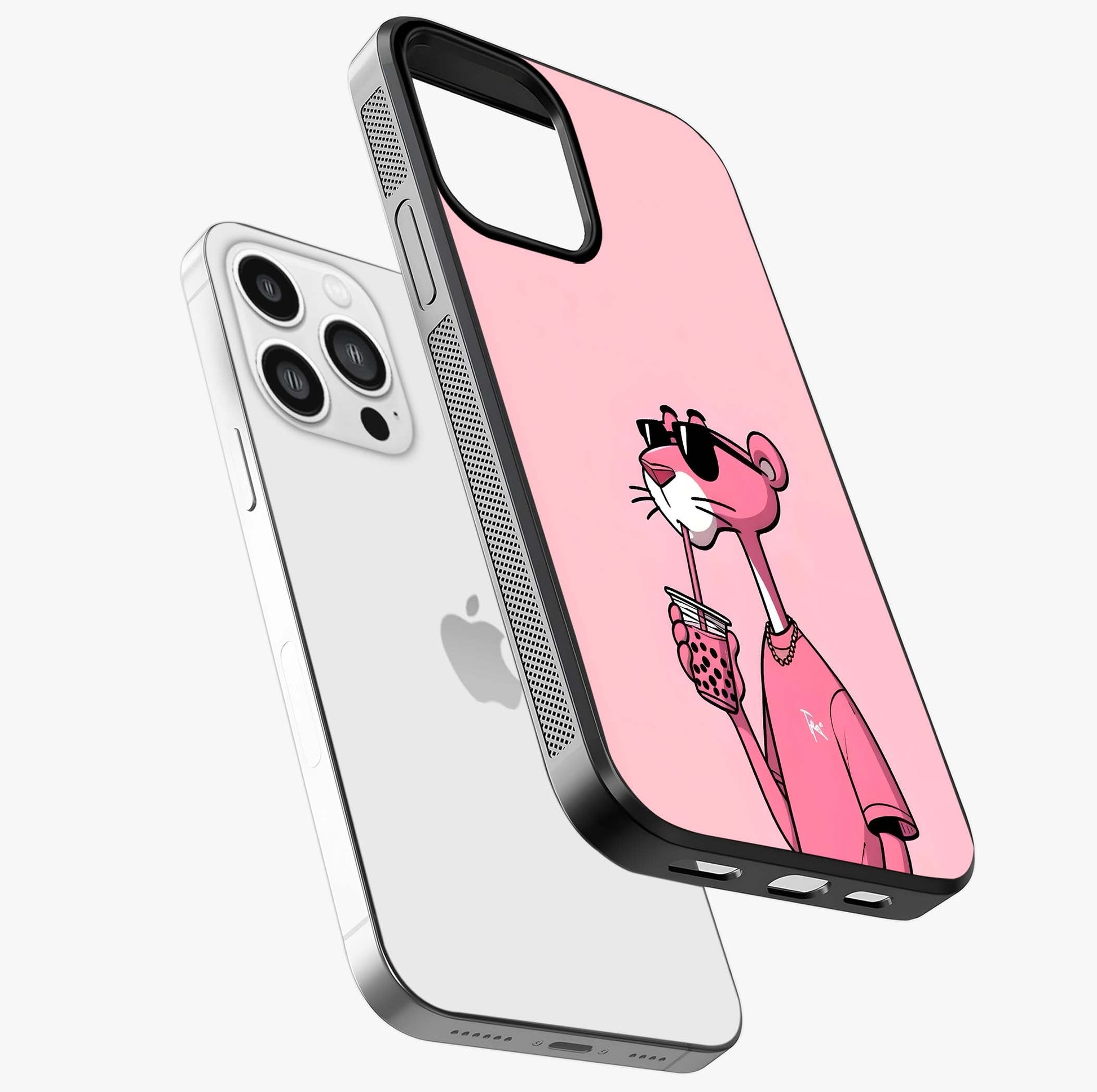 Pink Panther Glass Case laid diagonally highlighting side profile, edges and glossy glass shine.