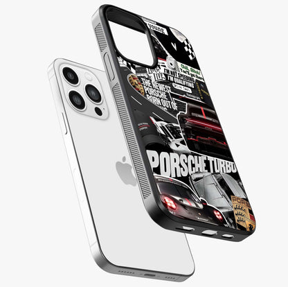 Porsche Racing Collage Glass Case laid diagonally highlighting side profile, edges and glossy glass shine.