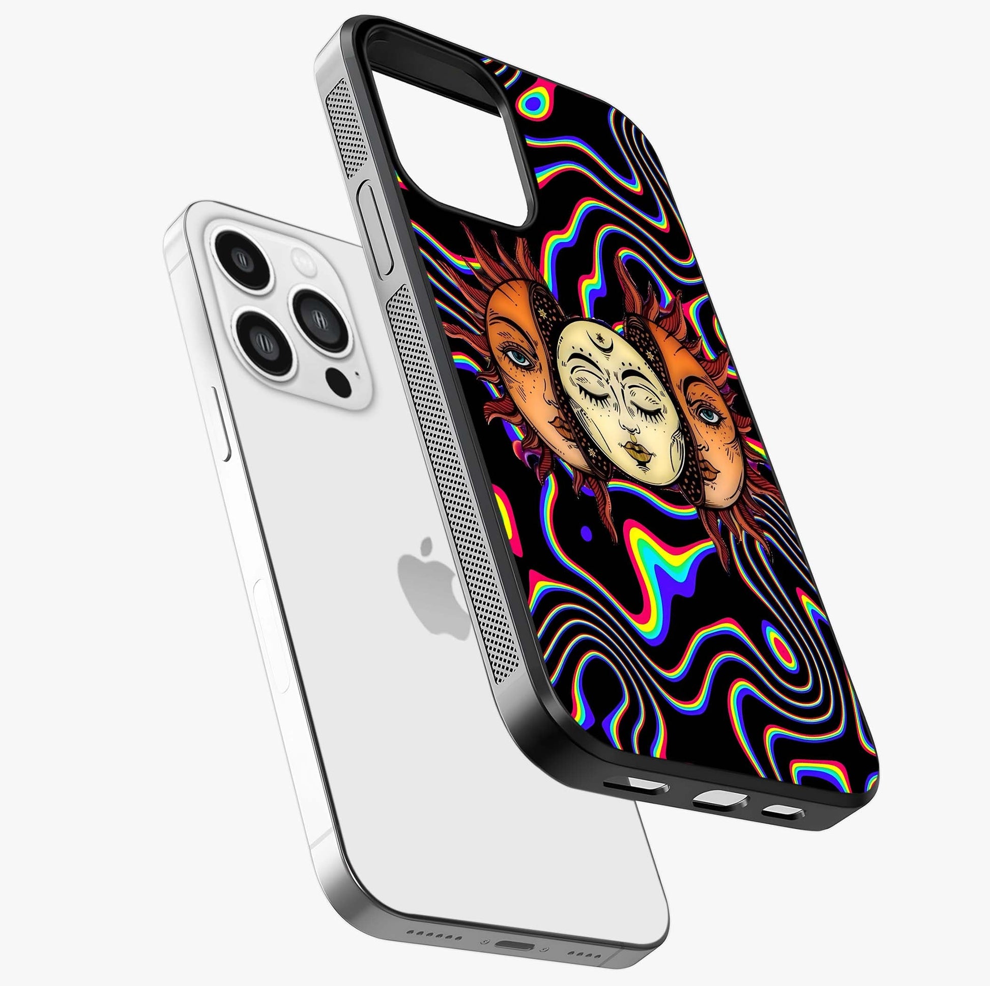 Psychedelic Sun Glass Case laid diagonally highlighting side profile, edges and glossy glass shine.