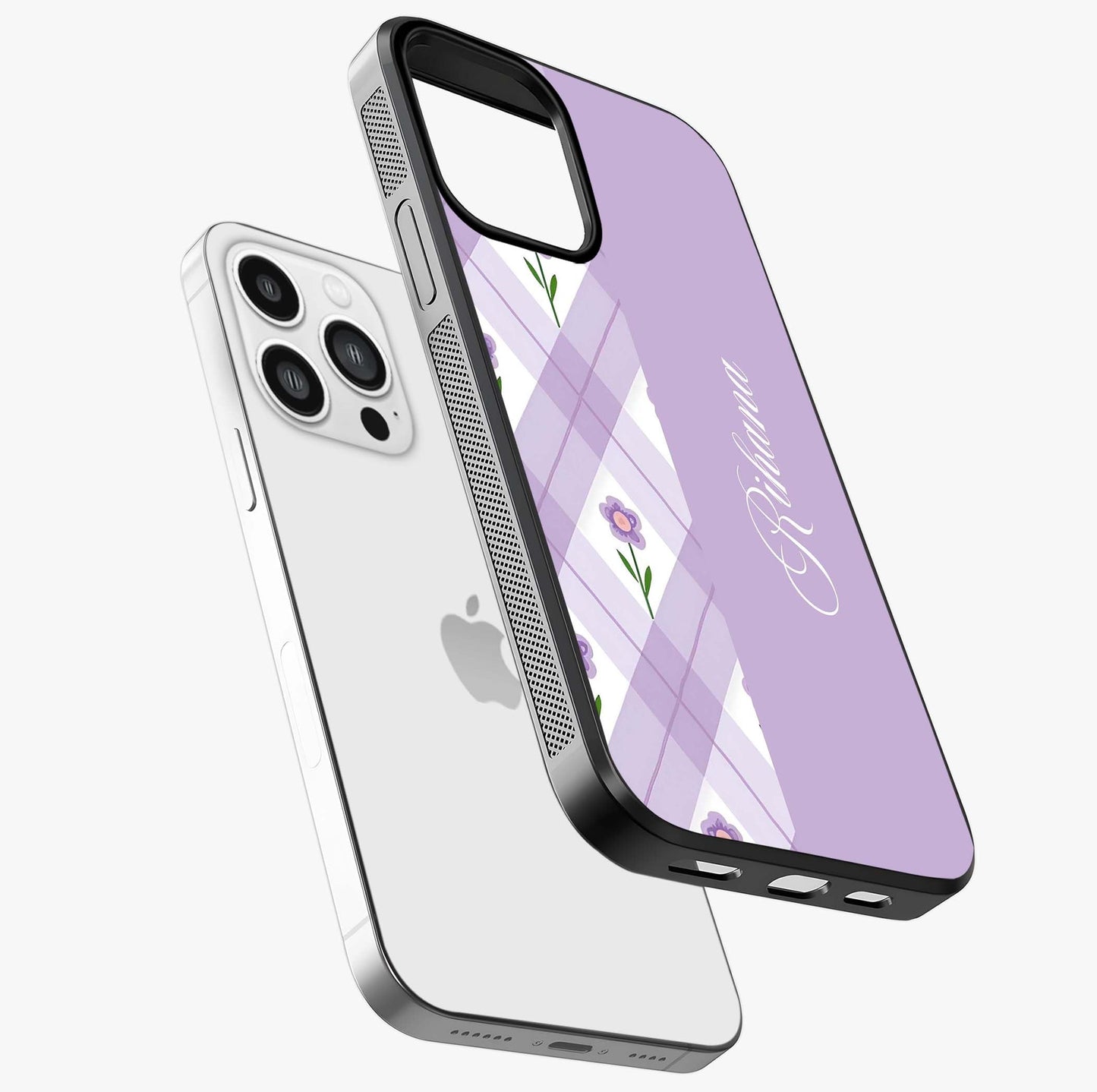Purple Diamond Floral Glass Case laid diagonally highlighting side profile, edges and glossy glass shine.